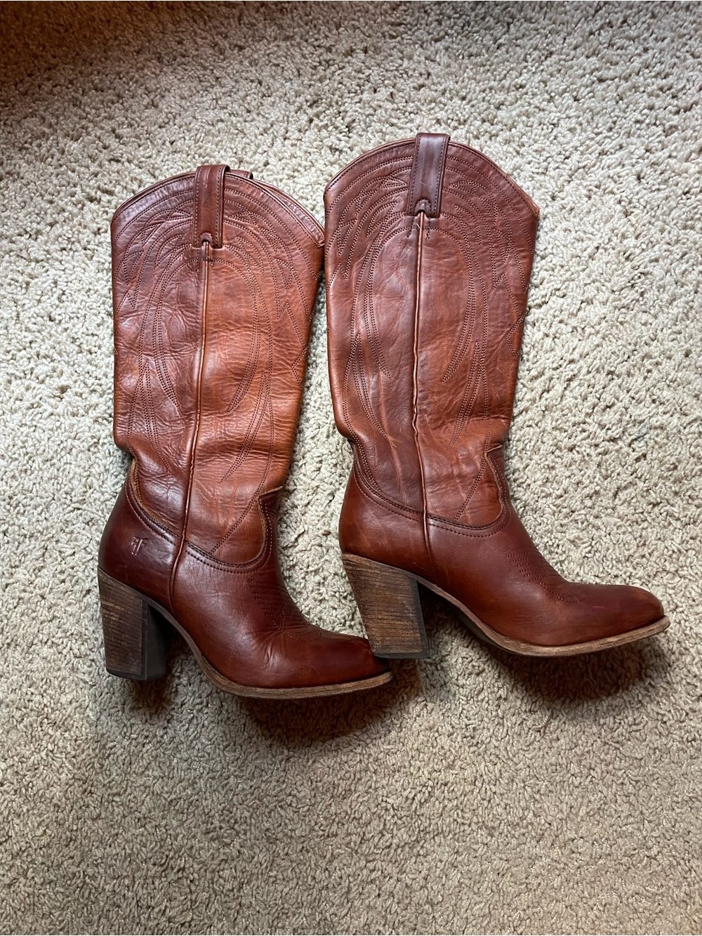 Frye Cognac Leather Western High-Heel Boots
